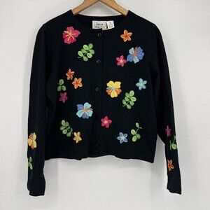 Emma Tricot Cardigan‎ Embroidered Tropical Flowers Black Women’s Size Medium